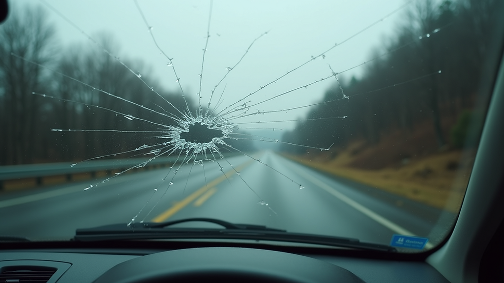 Close-up view of cracked windshield with visible chip