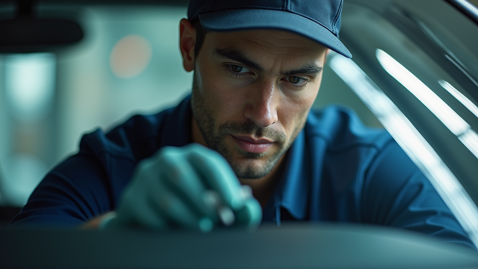 Close-up view of a technician repairing a windshield chip