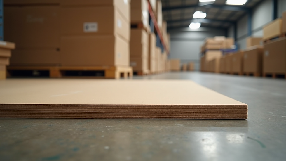 Eye-level view of stacked pressboard sheets in a warehouse