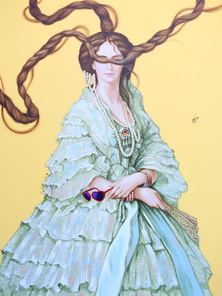 A painting of a person with their face obscured, wearing an elaborate green and blue dress adorned with jewelry, and holding sunglasses against a yellow background.