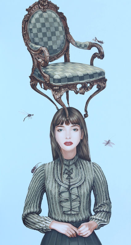 Person with an ornate chair on her head, surrounded by flying insects against a light blue background.