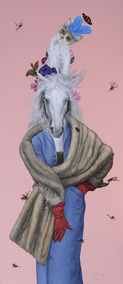 A surreal artwork featuring a figure with a human body and a horse’s head, adorned with flowers and a cat.
