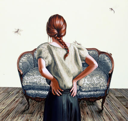 Person with their back turned, standing in front of an ornate sofa, with insects on the wall behind.