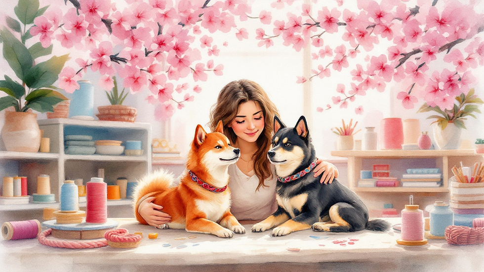Moi et mes 2 shibas dans mon atelier