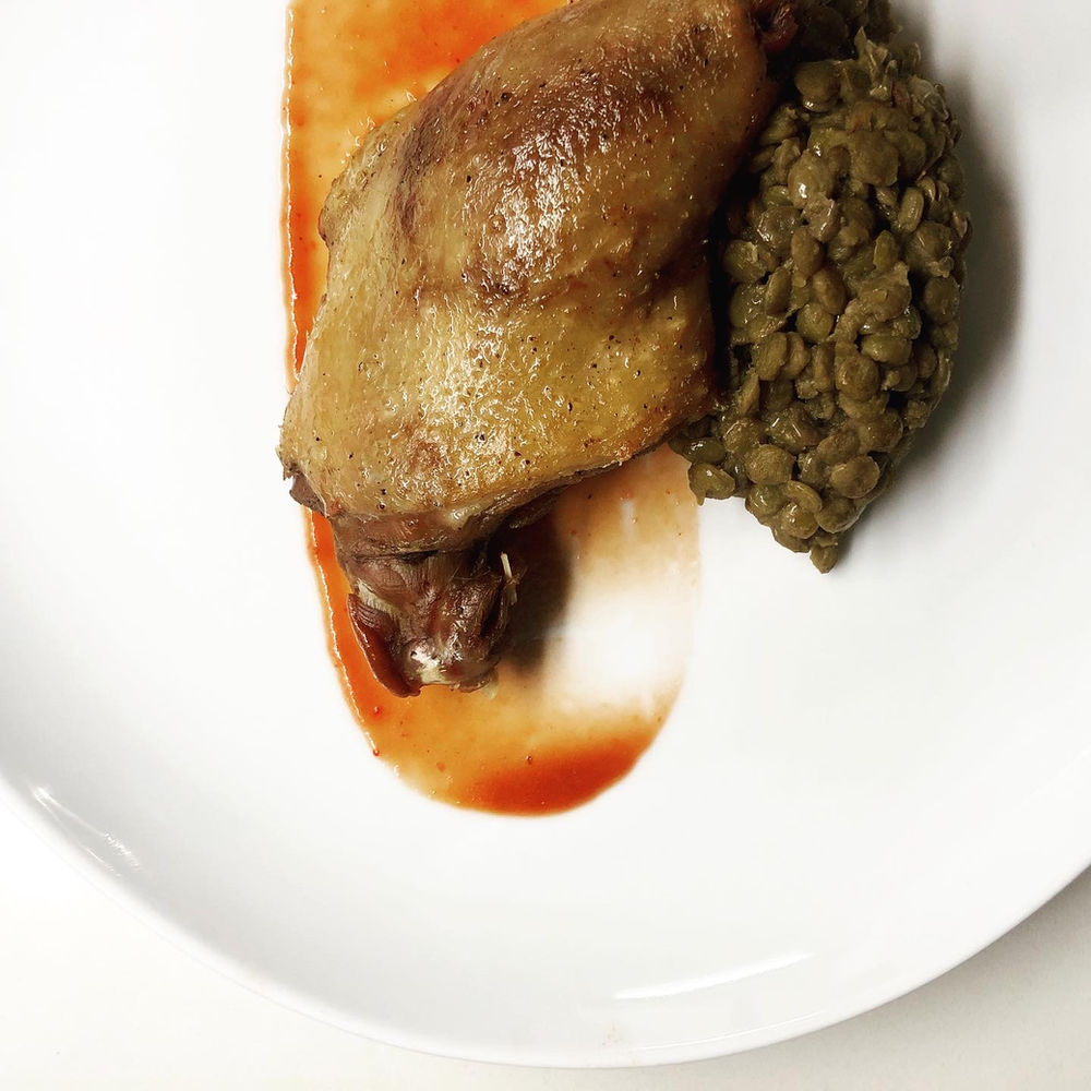 Duck Confit, with Lentils Basquaise & cherry plum Apricot coulis