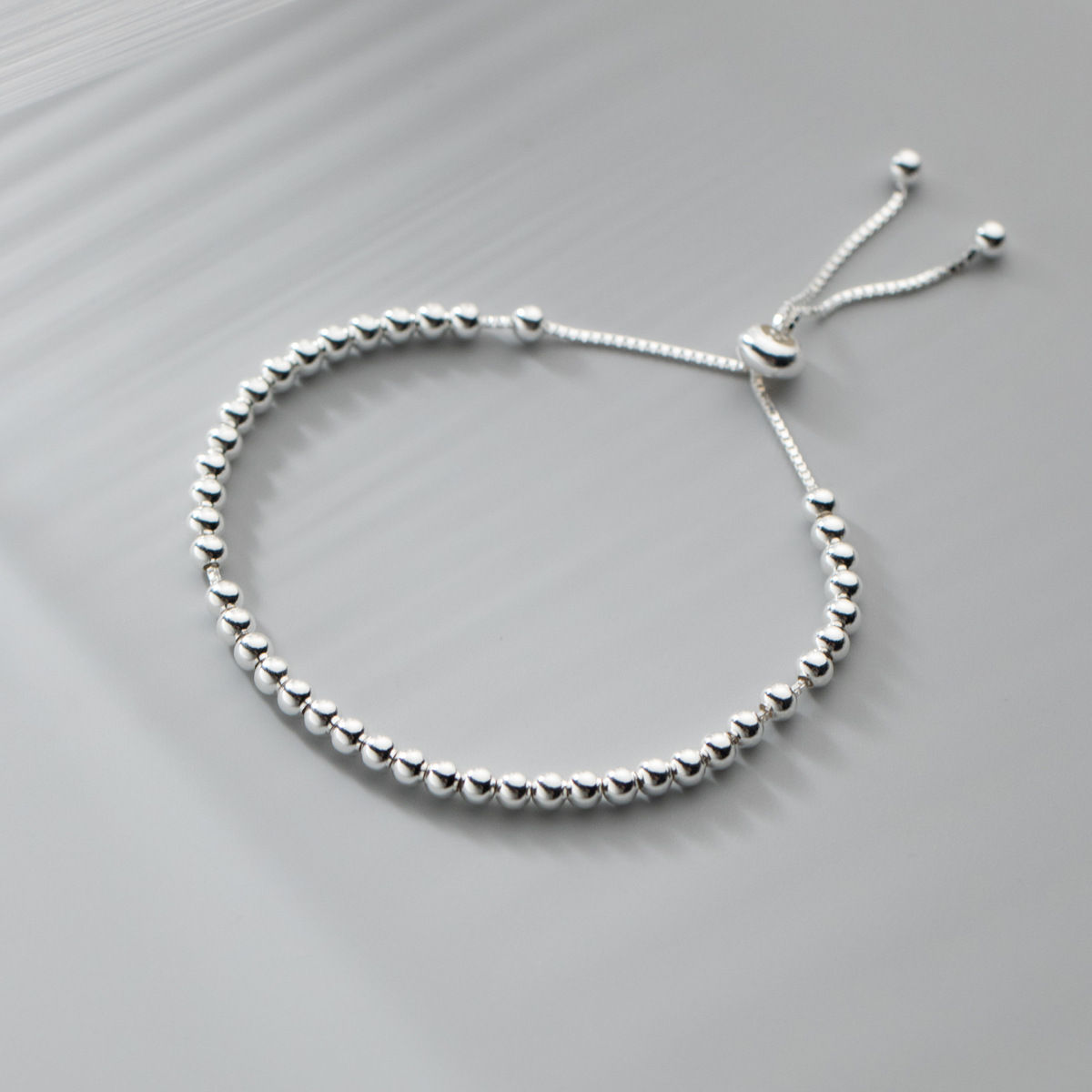 Genuine 925 Sterling Silver 3mm Beaded Bracelet with Adjustable and Minimalist S