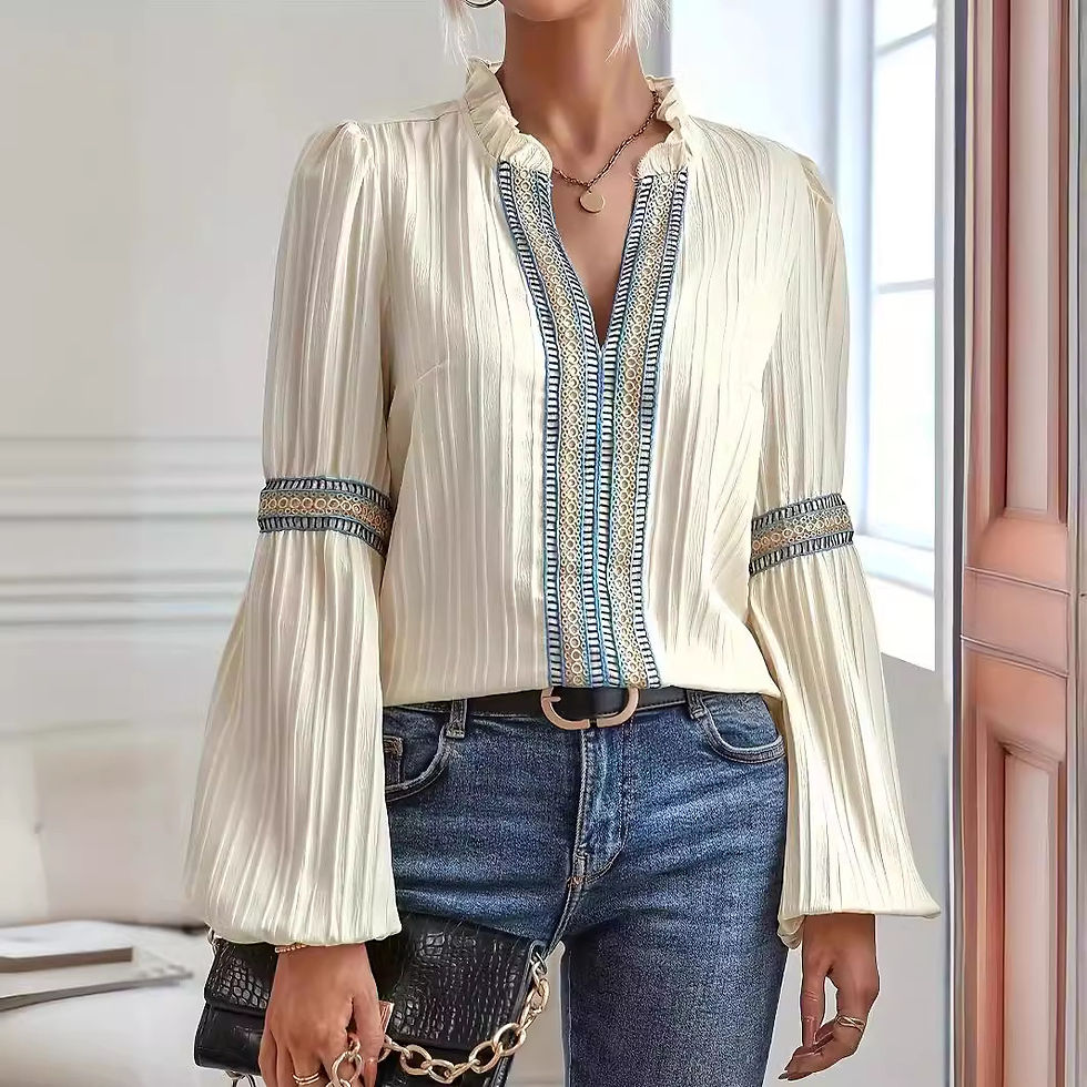 Thumbnail: Women's Vintage Blouses Lace Splice Long Sleeve Casual Shirt Spring Ruffled V-ne