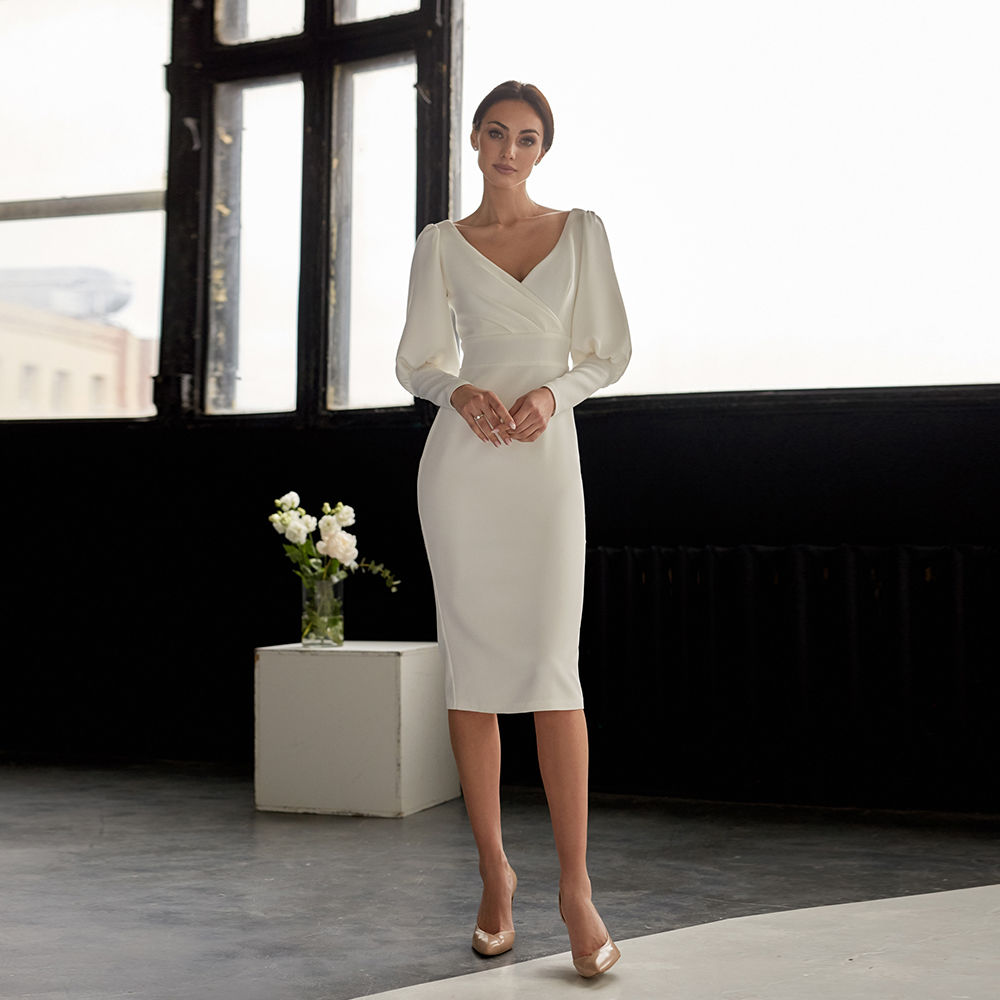 Civil Short Wedding Dress For Woman Long Sleeves Knee Length V Neck Ivory Bridal