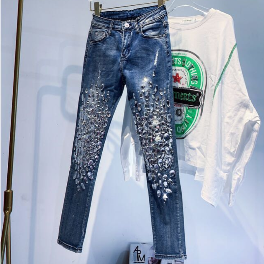 Thumbnail: fashion Vintage Women Luxury Embroidered Flares Diamond Denim Jeans Women Beaded