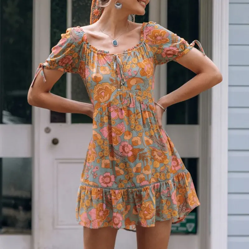 Short puff sleeve mini dresses women  vintage o neck cotton Rayon orange foral p