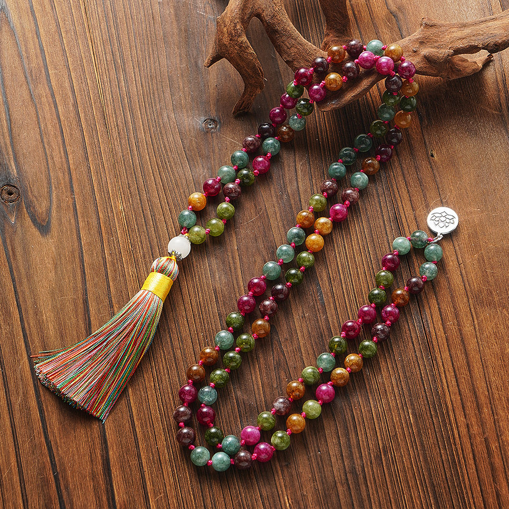 Colorful Tourmaline Beads Necklace for Men and Women, 108 Mala Beads, Meditation