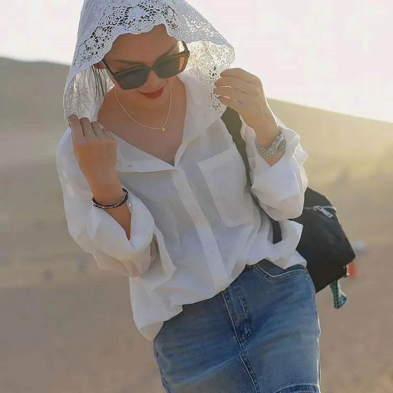 Thumbnail: Temperament Lady Tops White Blouses For Women 2025 Blusas Mujer De Moda Lace Hol