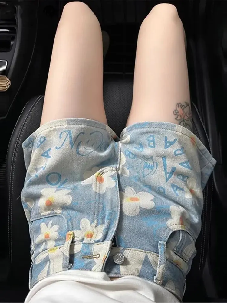Women Vintage Floral Print High Waist Wide Leg Denim Short Pants Summer Korean F