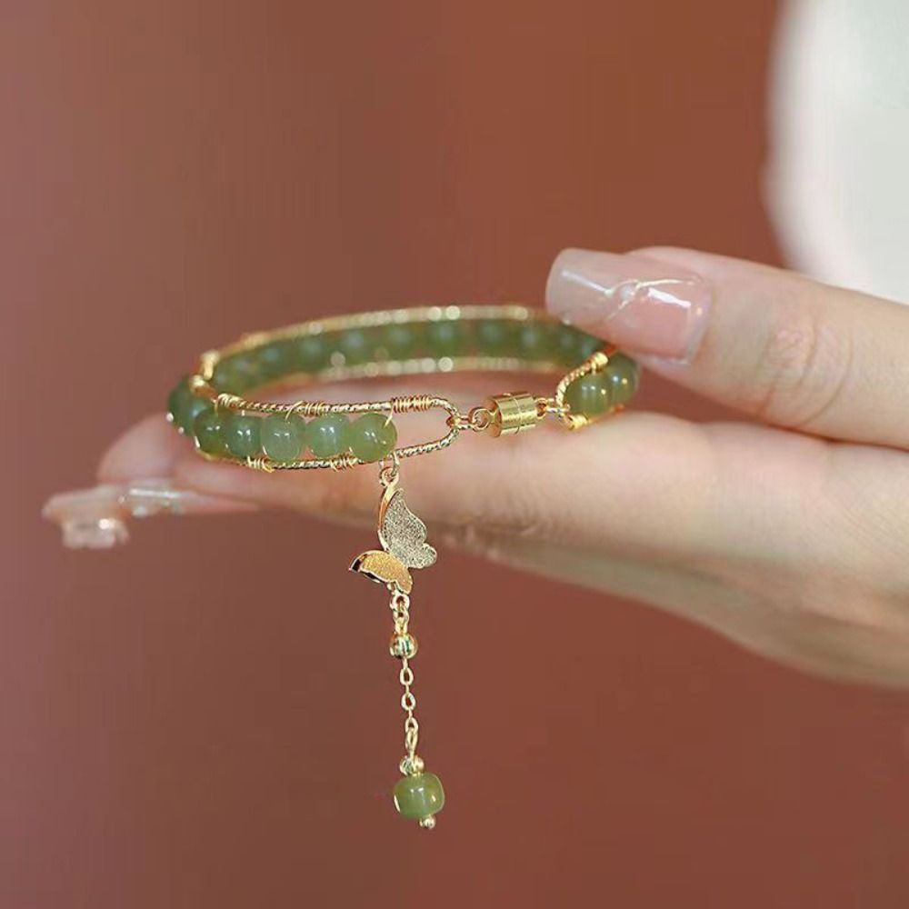 Round Jade Beaded Bracelet For Women Magnetic Bangle Butterfly Pendant Hand Chai