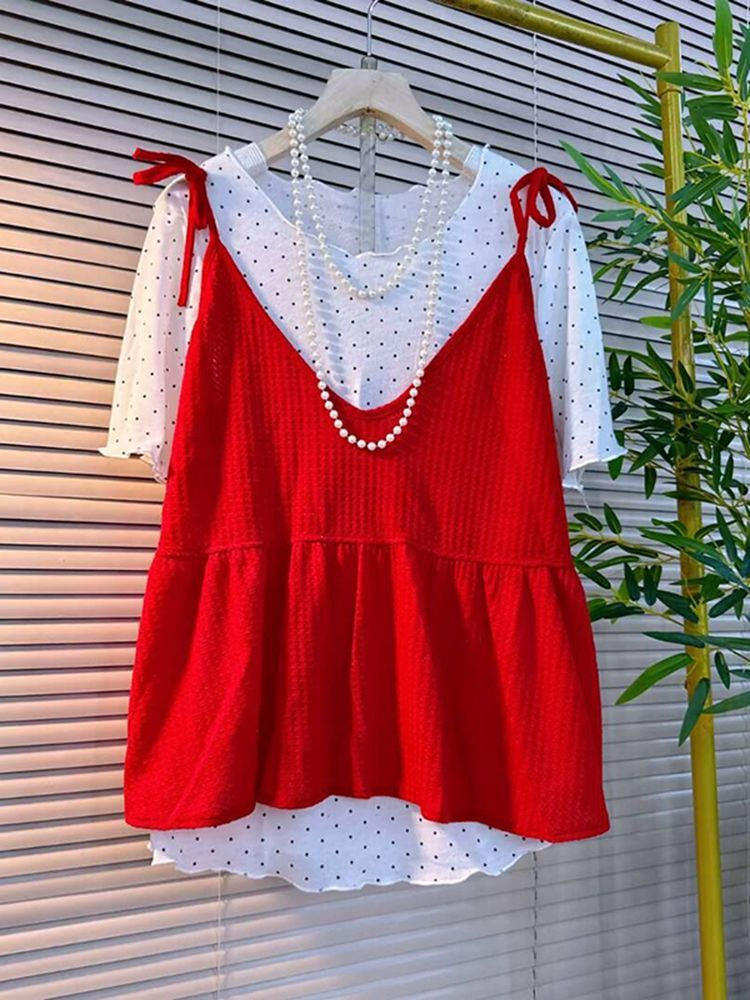 Thumbnail: Women's Layered Blouse - Polka Dot Short Sleeve  Ruffled Camisole Two-Piece Top