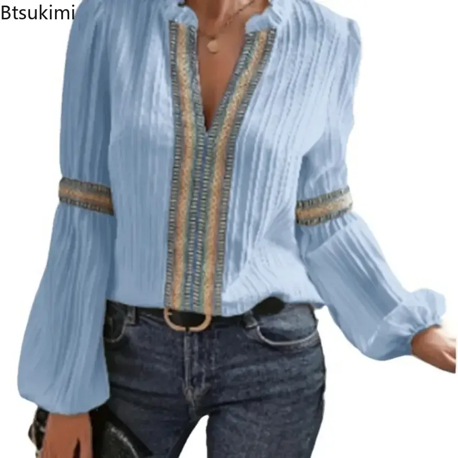 Thumbnail: Women's Vintage Blouses Lace Splice Long Sleeve Casual Shirt Spring Ruffled V-ne