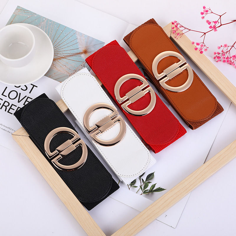 Thumbnail: Women's Belt Gold Pair Buckle Black Waist Seal Fashion Elastic Wide White Red Go