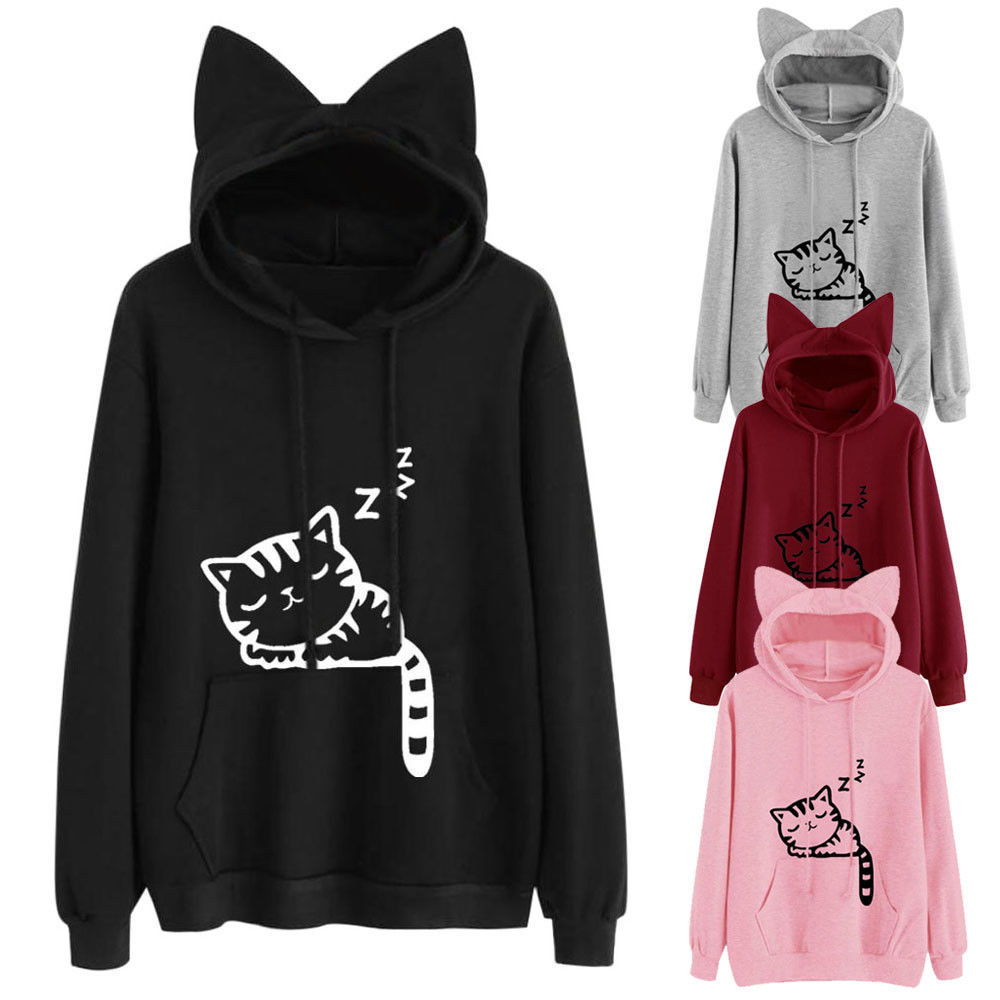 Long Sleeve Hoodies Sweatshirt For Women Cute Cat Print and Ear Kangaroo Pocket