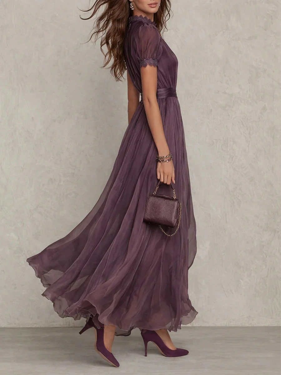 Thumbnail: Elegant Solid Color Chiffon Long Gown Lace High Neck Keyhole Short Sleeves Dress