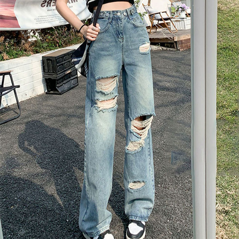 Thumbnail: High Street Spicy Girls Ripped Jean Pants Chic High Waist Slim Straight Jeans Al