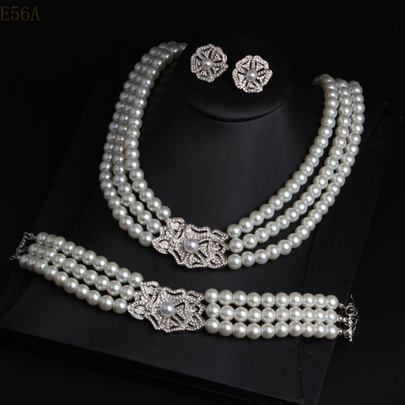Thumbnail: E56A Pearls and Crystal Jewelry Set with Necklace Earrings and Bracelet for Fash