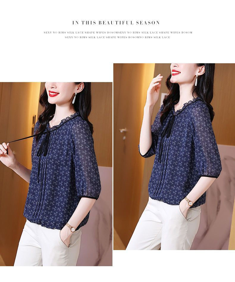 Thumbnail: Printed Blouse for Women Summer Short Sleeves Tied Bow Stand Up Collar New Fashi