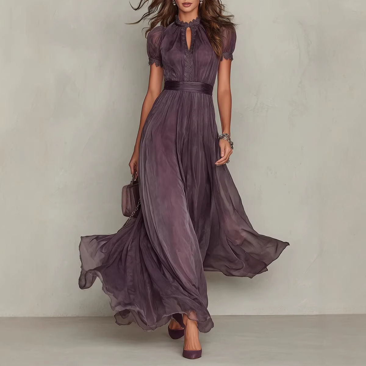 Elegant Solid Color Chiffon Long Gown Lace High Neck Keyhole Short Sleeves Dress