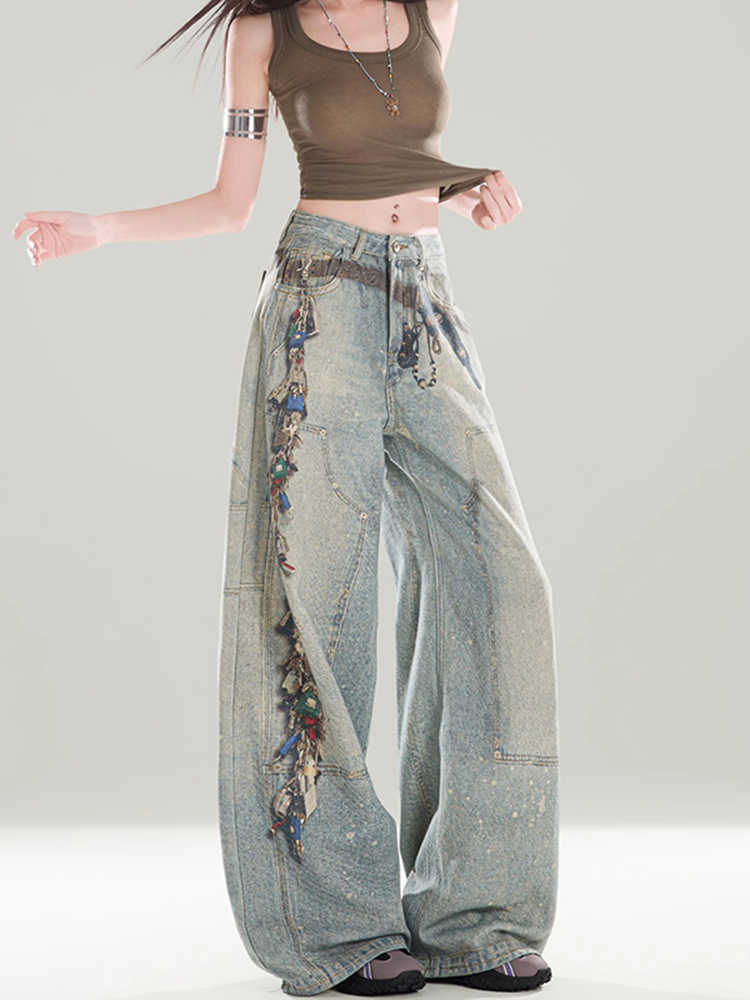 Thumbnail: High Waist Jeans Women Wide Leg Denim Pants Embroidered Flare Trousers Vintage Y
