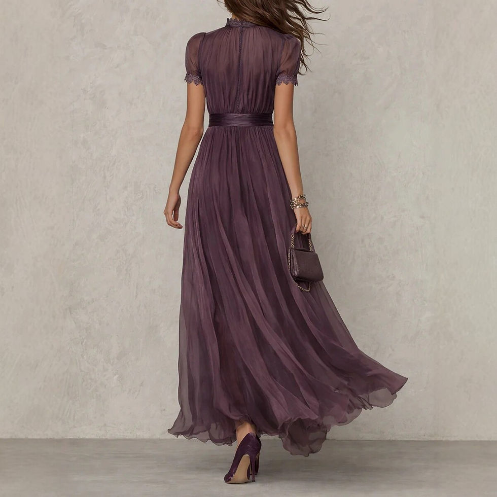 Thumbnail: Elegant Solid Color Chiffon Long Gown Lace High Neck Keyhole Short Sleeves Dress