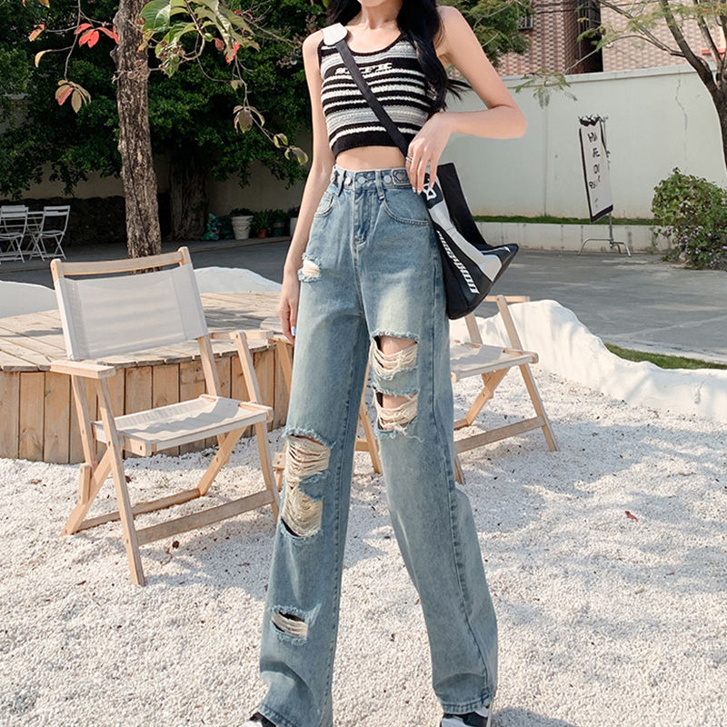 Thumbnail: High Street Spicy Girls Ripped Jean Pants Chic High Waist Slim Straight Jeans Al