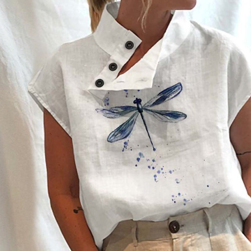 Thumbnail: Women Vintage Blouse  Fashion Short Sleeve Elegant Cotton White Shirt Summer Cas