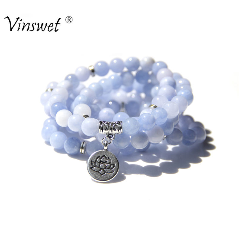 108 Mala Aquamarines with Lotus OM Buddha Charm Yoga Bracelet or Necklace for Me