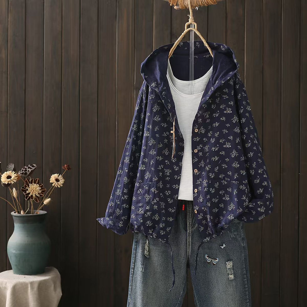 Thumbnail: New Autumn Rustic Flower Print Hooded Shirts and Blouses for Women Japanese Styl