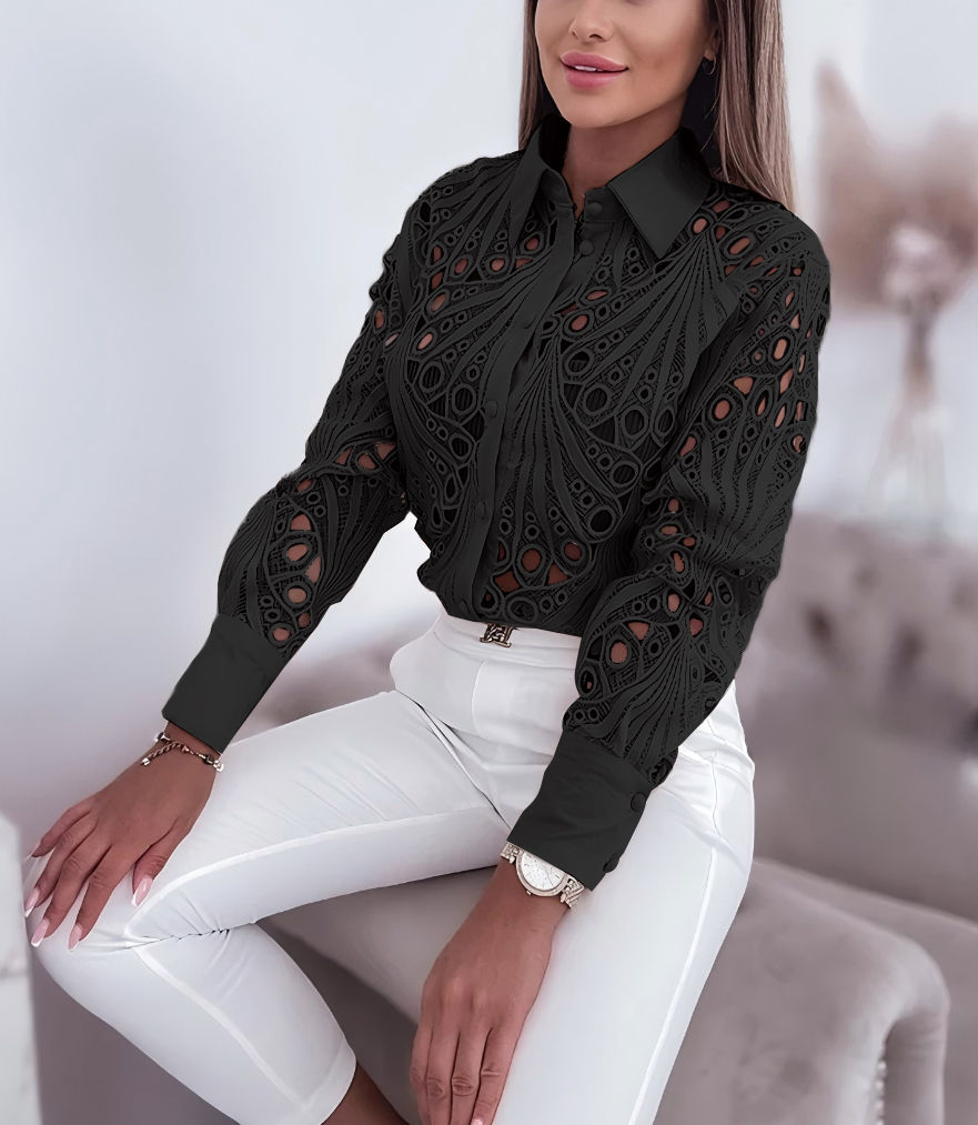 Thumbnail: Women's Blouses Hollowed Out Long Sleeved Shirt Casual Solid Button Up With Lape
