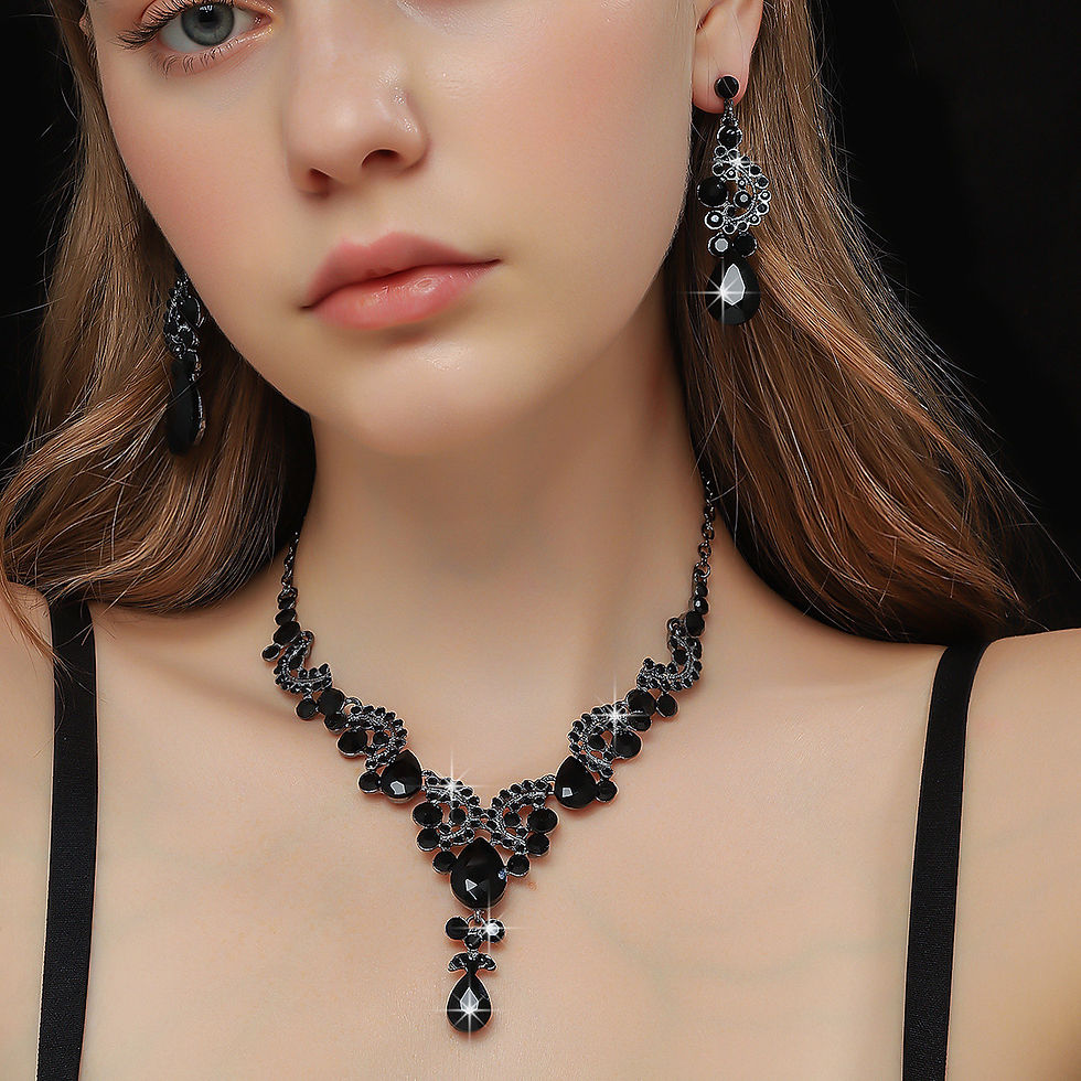 Thumbnail: FYUAN Black Water Drop Crystal Necklace Earrings For Women Wedding Bride Jewelry
