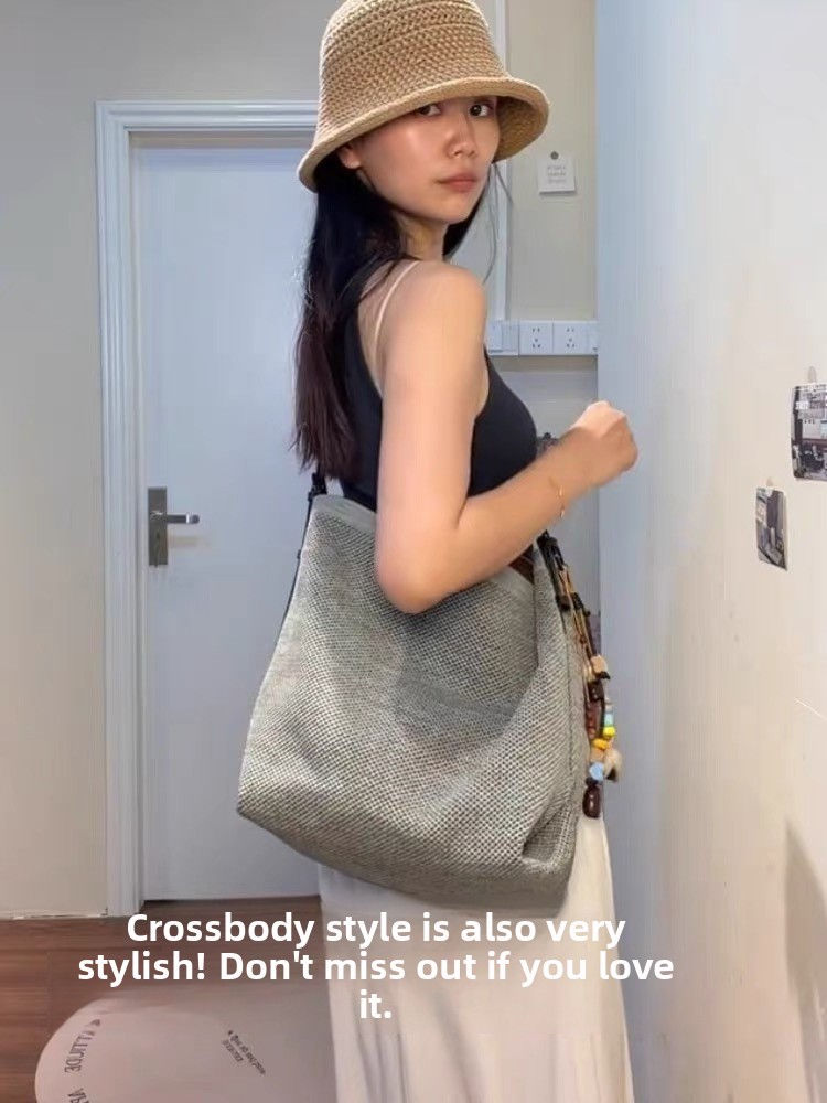 Thumbnail:  Large Capacity Woven Bucket Bag Women's Shoulder Tote Bag Commuter Bag Stylish 