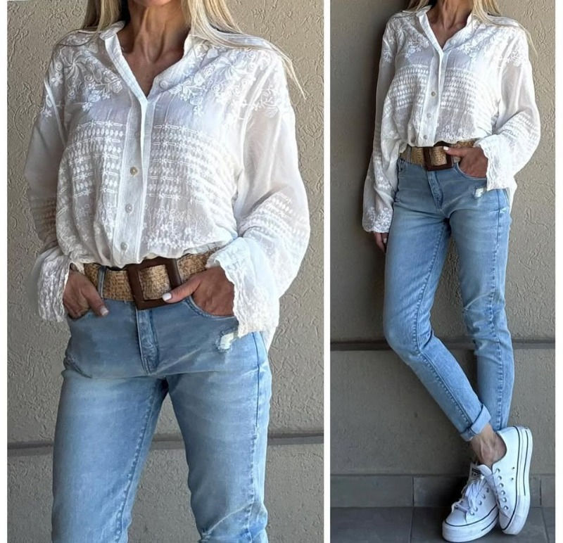 Thumbnail: Women's Boho Embroidered Blouse Long Sleeve Button Down Shirt Casual Loose Fit L