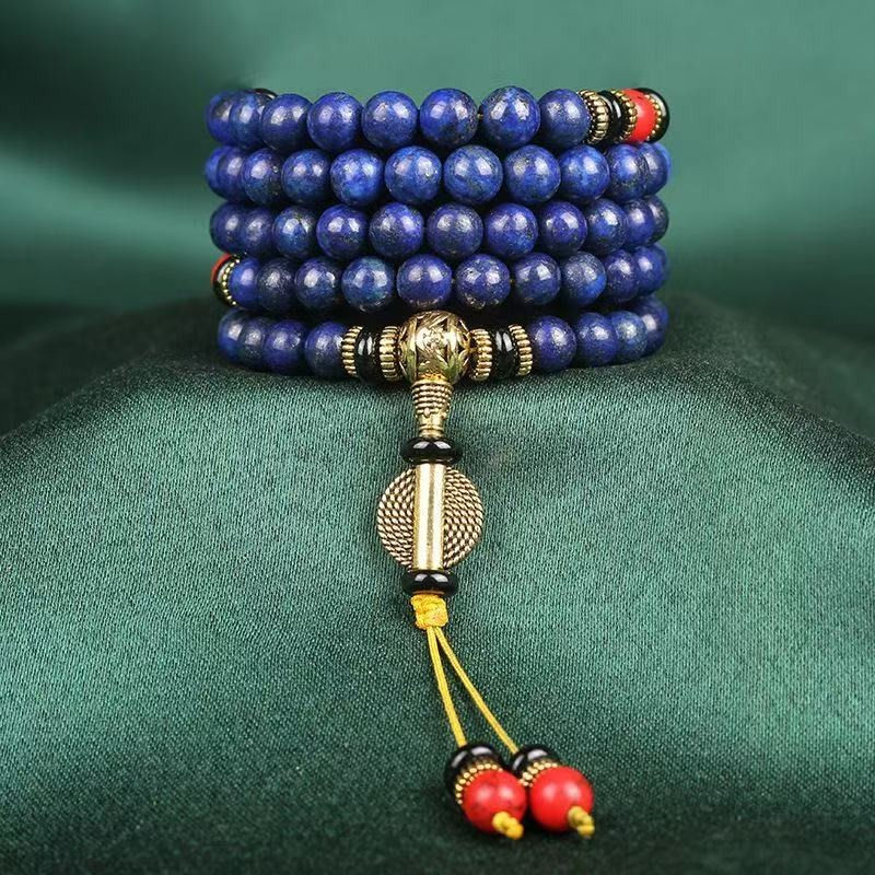 Thumbnail: Optimized Lapis Lazuli 108 Beads Bracelet Necklace, Mixed Red Turquoise Stone Ma