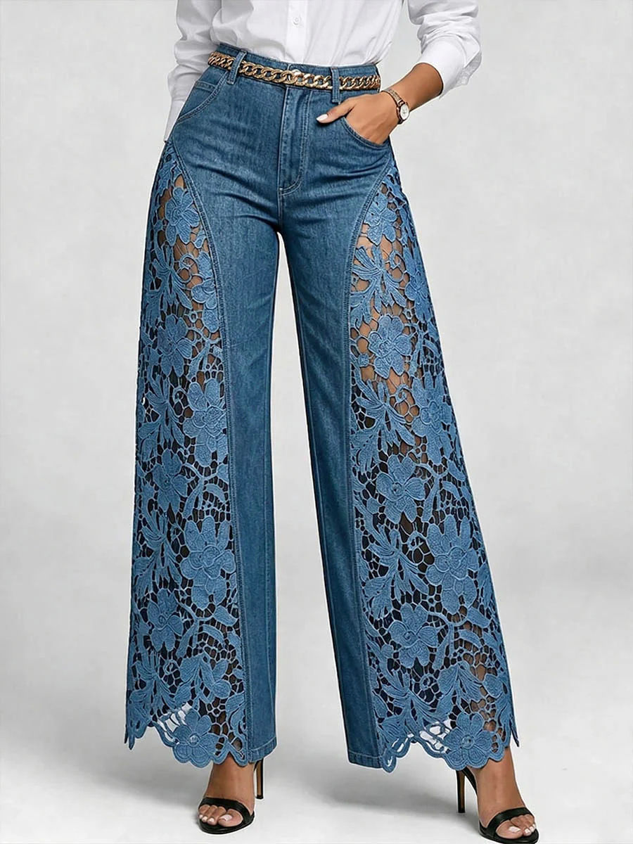 Women High Waist Lace Spliced Wide Leg Denim Jeans Loose Flowy Casual Daily Trou