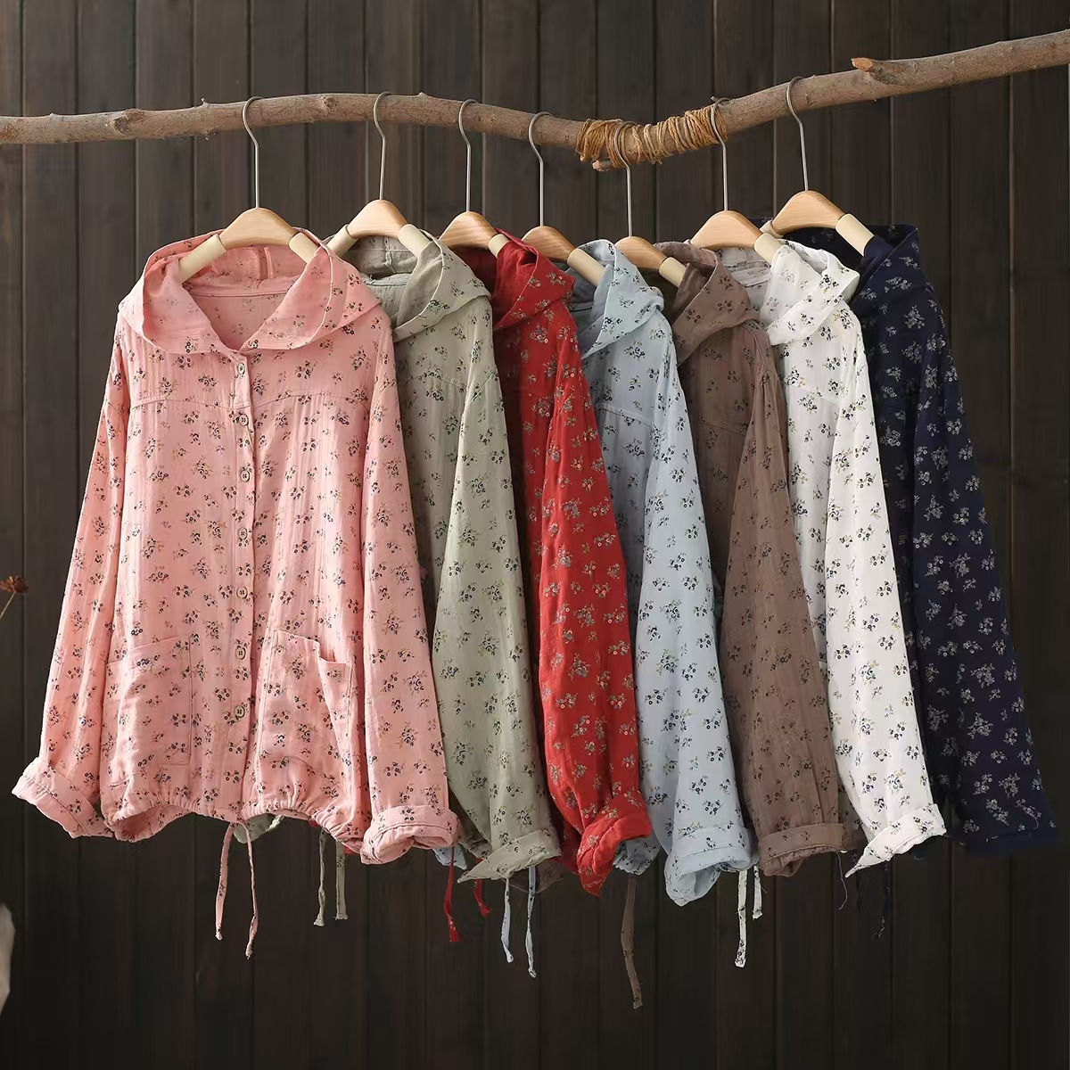 New Autumn Rustic Flower Print Hooded Shirts and Blouses for Women Japanese Styl