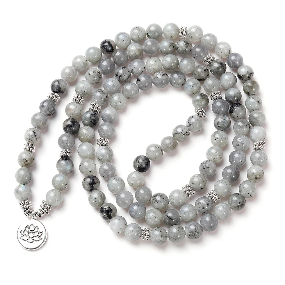 Thumbnail: Natural Stone Women Men 108 Mala Labradorite with Lotus OM Buddha Charm Yoga Bra