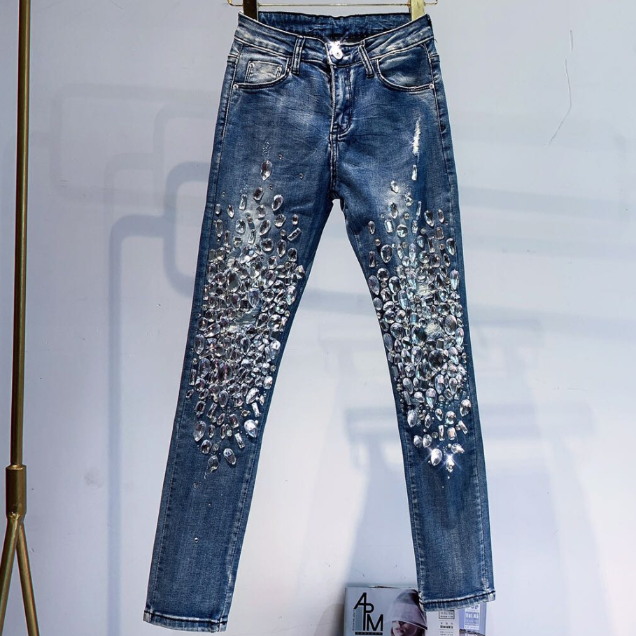 fashion Vintage Women Luxury Embroidered Flares Diamond Denim Jeans Women Beaded