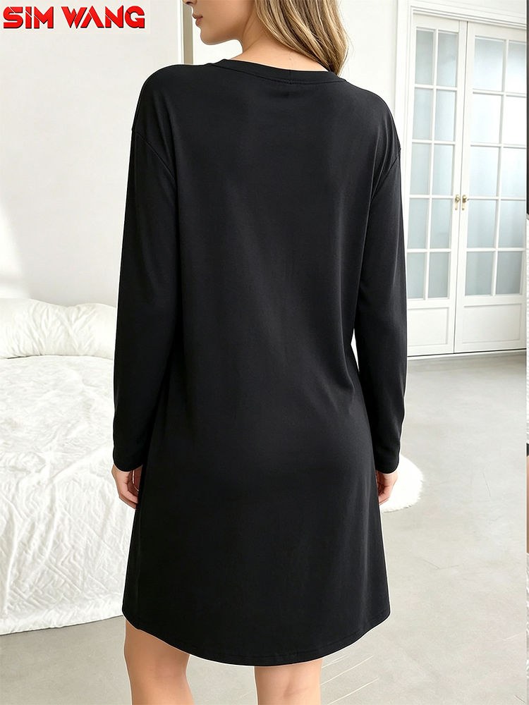 Thumbnail: Long-Sleeved Dress for Women. Loose Round-Neck Long-Style Solid-Color Basic Home