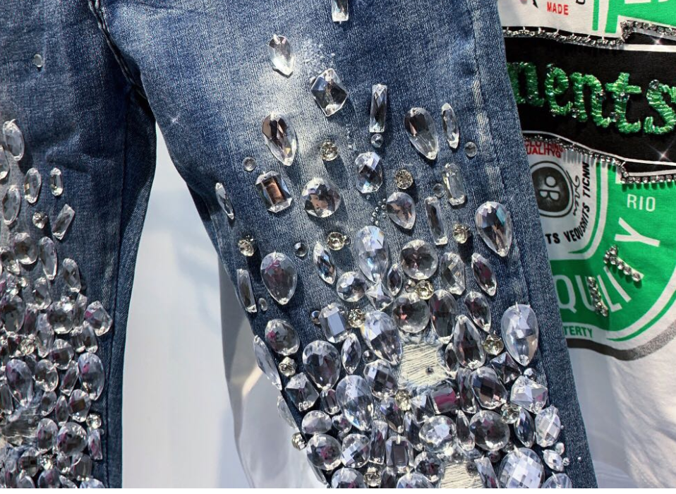 Thumbnail: fashion Vintage Women Luxury Embroidered Flares Diamond Denim Jeans Women Beaded