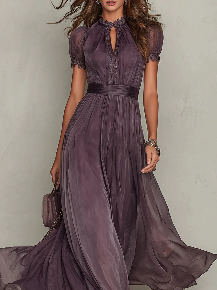 Thumbnail: Elegant Solid Color Chiffon Long Gown Lace High Neck Keyhole Short Sleeves Dress