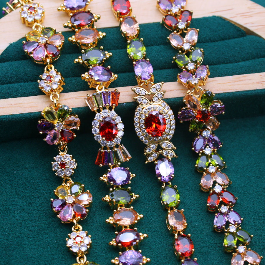 Thumbnail: Elegant Retro style tennis bracelet, 18K golden-plated,  Multicolor zirconia, el