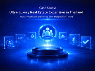 Futuristic blue neon graphic with icons and text: "Case Study: Ultra-Luxury Real Estate Expansion in Thailand." Mood is innovative and tech-focused.