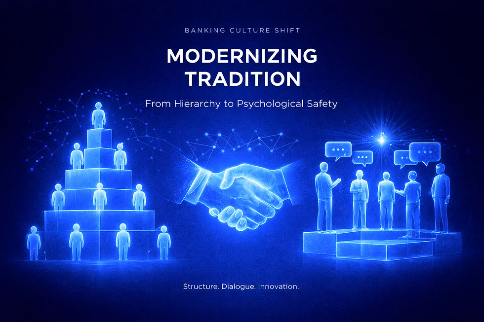 Illustrated handshake with pyramid of people, network lines, and group discussing atop blocks. Text: Modernizing Tradition; blue theme.