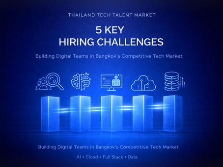 Blue background image with icons of tech elements like AI and cloud, highlighting "5 Key Hiring Challenges" in Bangkok's tech market.