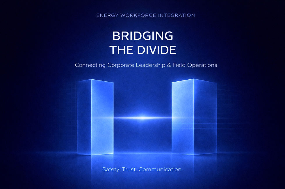 Two glowing blue towers connected by a light beam on a dark background. Text: Energy Workforce Integration, Bridging the Divide.